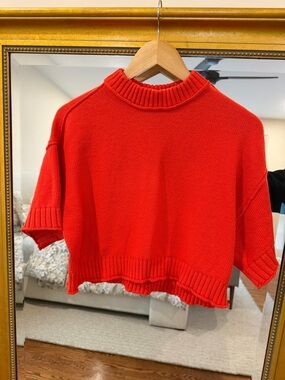 Anthropologie Vibrant Red Short-Sleeve Crew Sweater